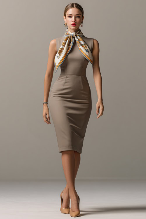 Woman wearing a refined taupe midi dress with a high neckline and tailored bodice, accessorized with a silk scarf tied around the neck, pearl earrings 