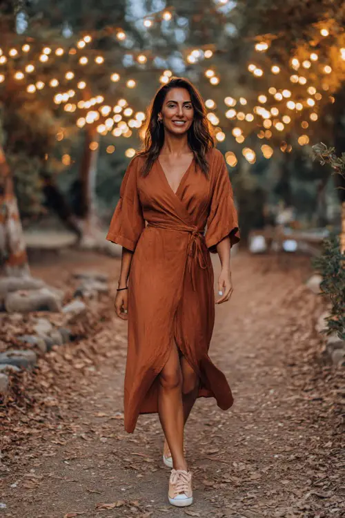 Woman wearing a relaxed rust-colored midi wrap dress with flutter sleeves and sneakers, walking through an outdoor wedding path with string lights and fallen leaves