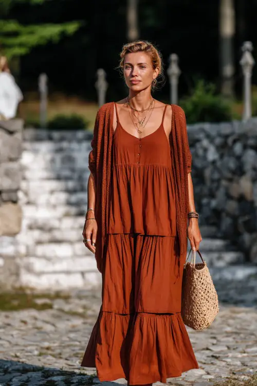 Woman wearing a rust-colored tiered maxi dress with a lightweight cardigan, styled with woven bag and mules, walking on a cobblestone path at an outdoor wedding