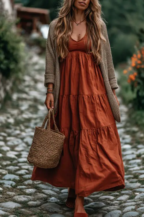 Woman wearing a rust-colored tiered maxi dress with a lightweight cardigan, styled with woven bag and mules, walking on a cobblestone path at an outdoor wedding