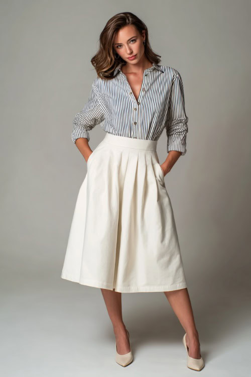 Woman wearing a striped button-down shirt tucked into a white A-line midi skirt with ballet flats, posed full-body in a soft-light studio