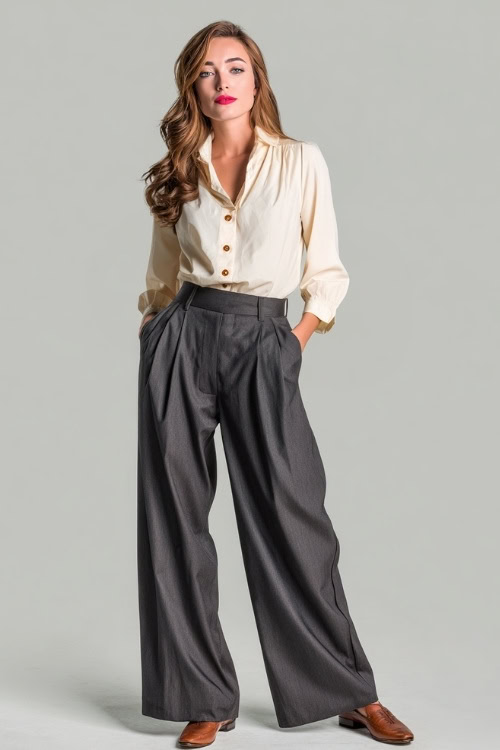 Woman wearing wide-leg charcoal gray trousers with a tucked-in cream blouse and brown leather flats, posed elegantly in studio 