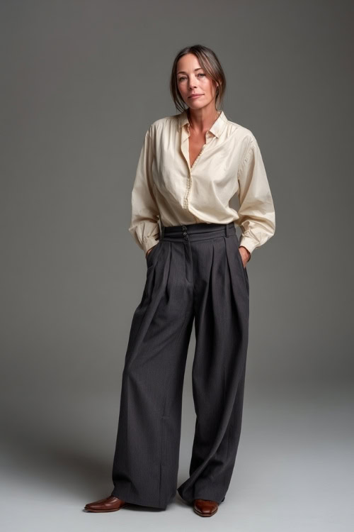 Woman wearing wide-leg charcoal gray trousers with a tucked-in cream blouse and brown leather flats, posed elegantly in studio 