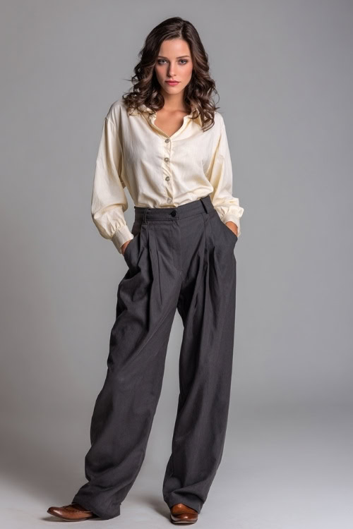 Woman wearing wide-leg charcoal gray trousers with a tucked-in cream blouse and brown leather flats, posed elegantly in studio