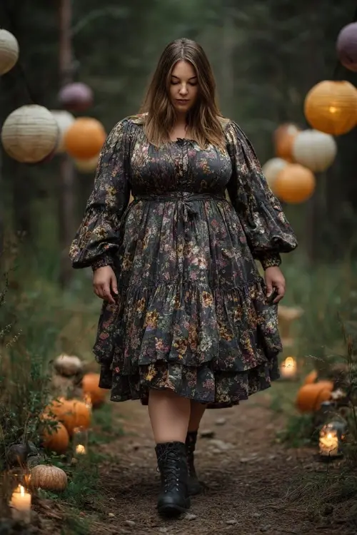 Woman with a fuller figure in a dark floral print dress with long sleeves and ruffled skirt, walking along a candlelit forest path decorated with lanterns and pumpkins