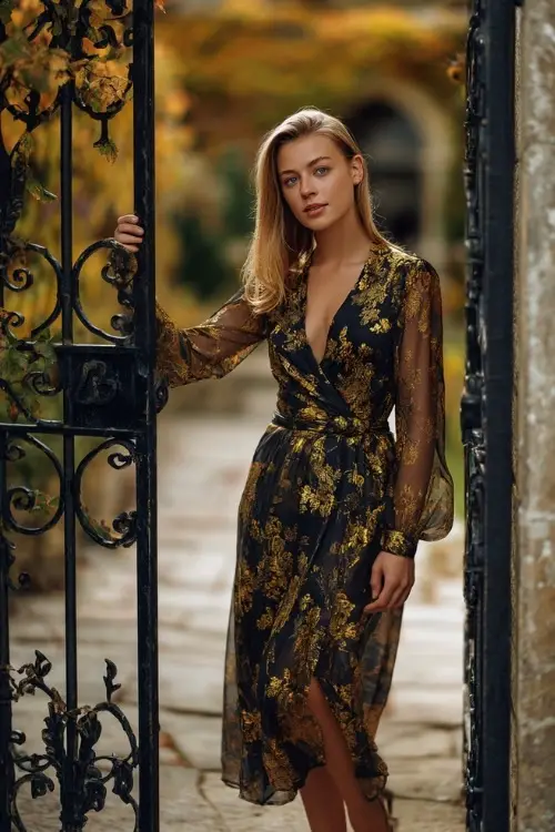 Woman with a smaller figure in a black and gold midi wrap dress with sheer sleeves, standing beside a wrought iron gate at a classic autumn wedding 