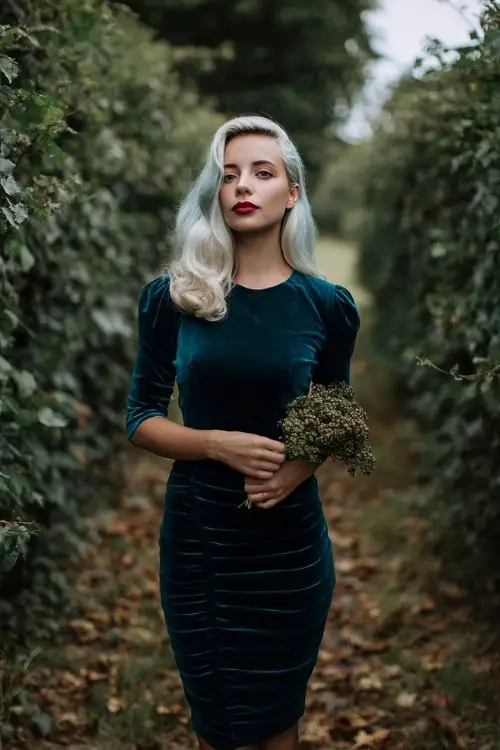 Woman with silver hair in a dark teal velvet midi dress with subtle ruching and three-quarter sleeves, holding a small bouquet while standing on a leaf-covered path 
