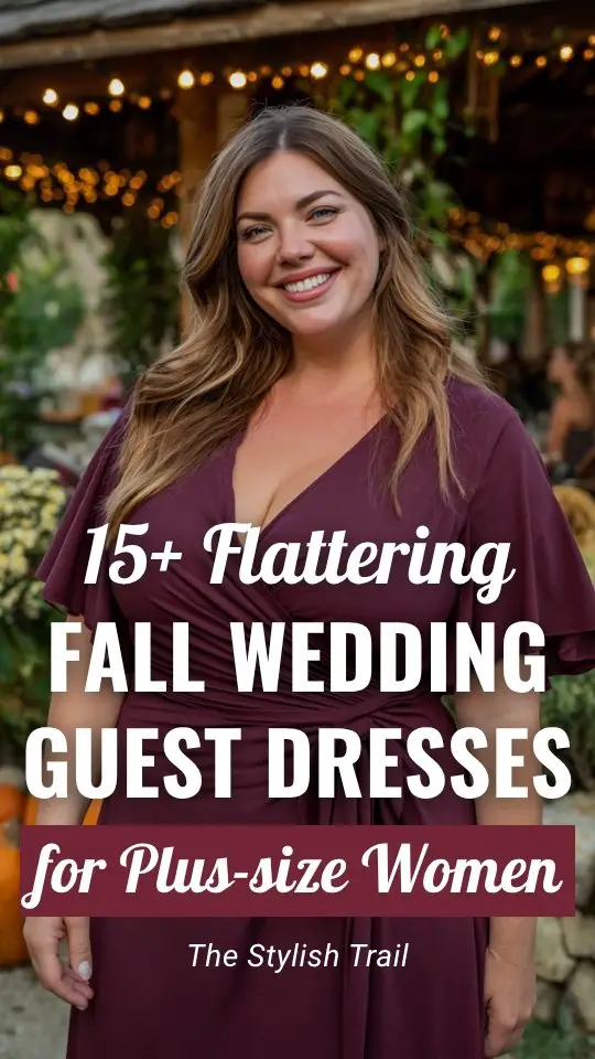 a plus size woman wears a burgundy wedding guest dress with flutter sleeves for fall