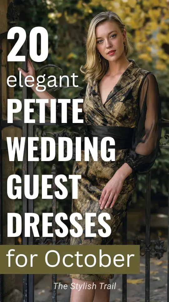 a wedding guest wears a patterned dark fall dress for October wedding