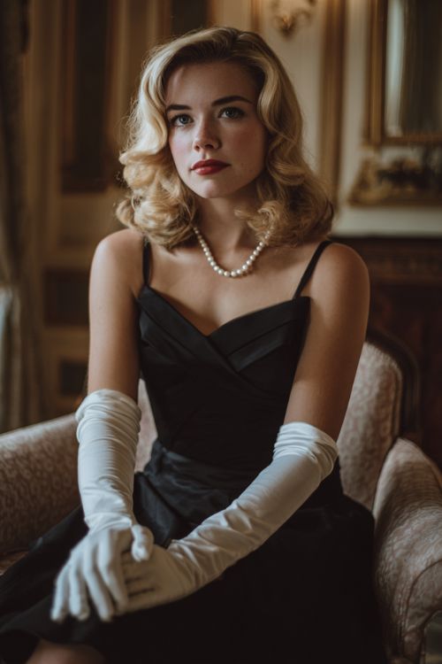 a woman in a black dress, a pearl necklace and satin gloves