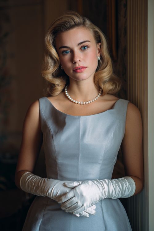 a woman in a blue satin a line dress, a pearl necklace and satin gloves