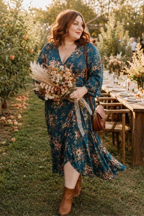 a woman in a floral teal wedding guest dress with ankle boots