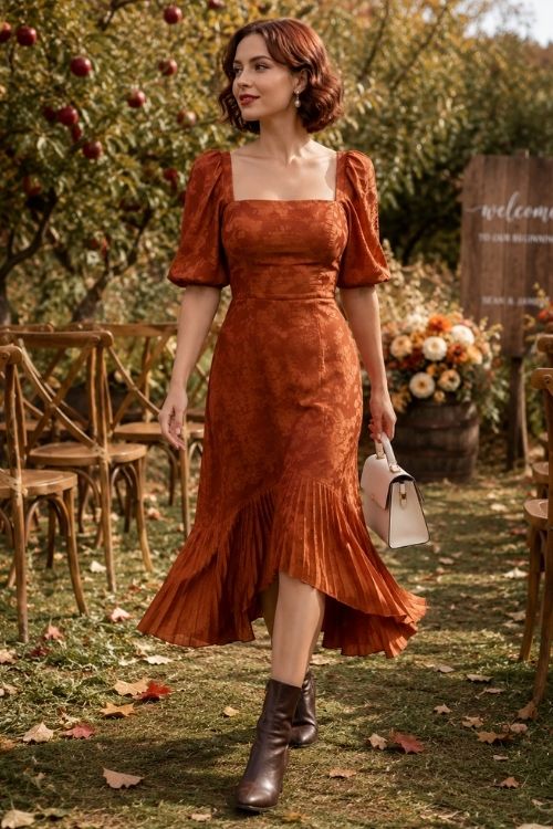 a woman in burnt-orange jacquard midi dress with a sculpted square neckline and an asymmetric pleated hem, paired with chocolate brown ankle boots