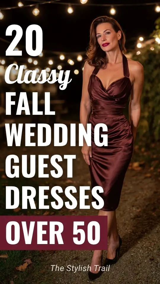 a woman over 50 wears a burgundy wedding guest dress for fall wedding