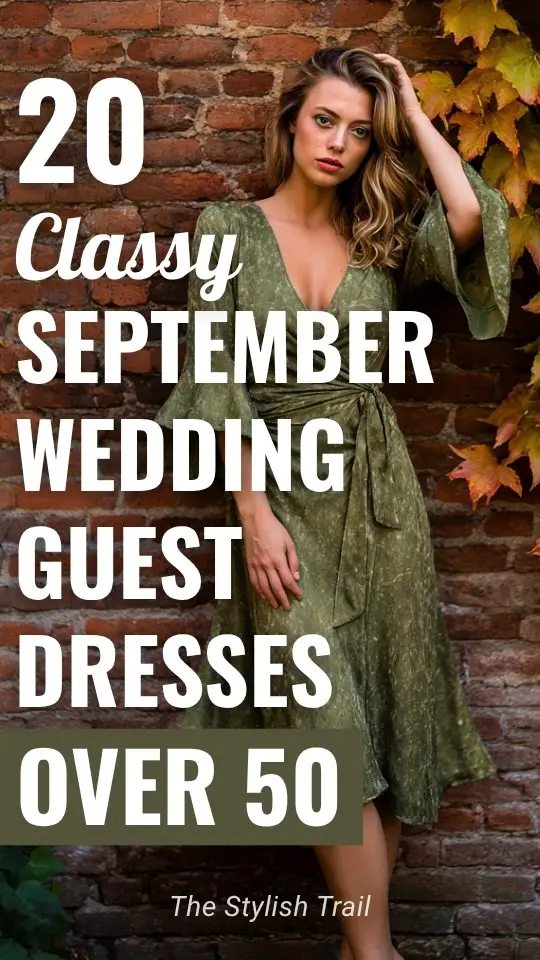 a woman over 50 wears a green fall wedding guest dress with long sleeves for September wedding