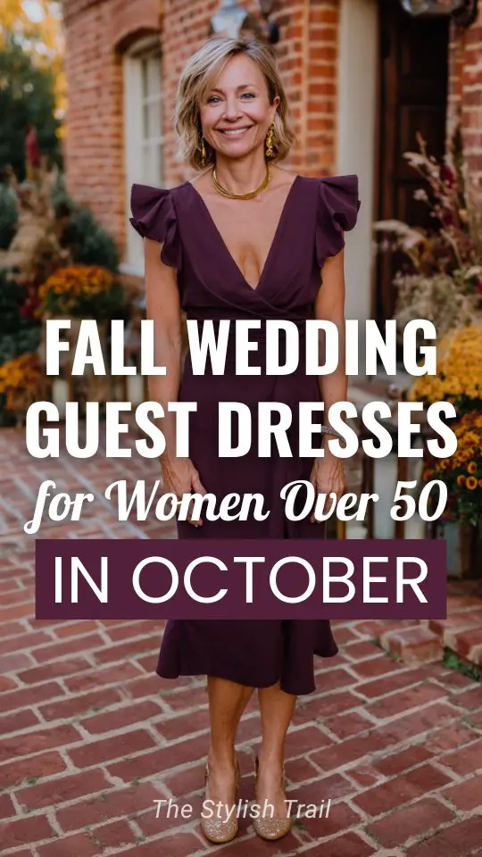a woman over 50 wears a plum fall wedding guest dress for October wedding
