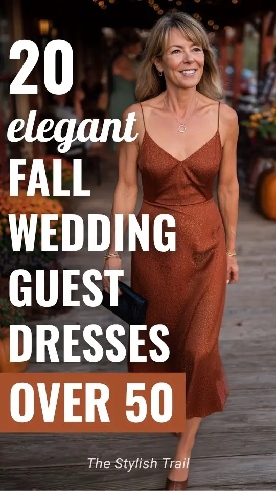 a woman over 50 wears an elegant rust wedding guest dress for fall