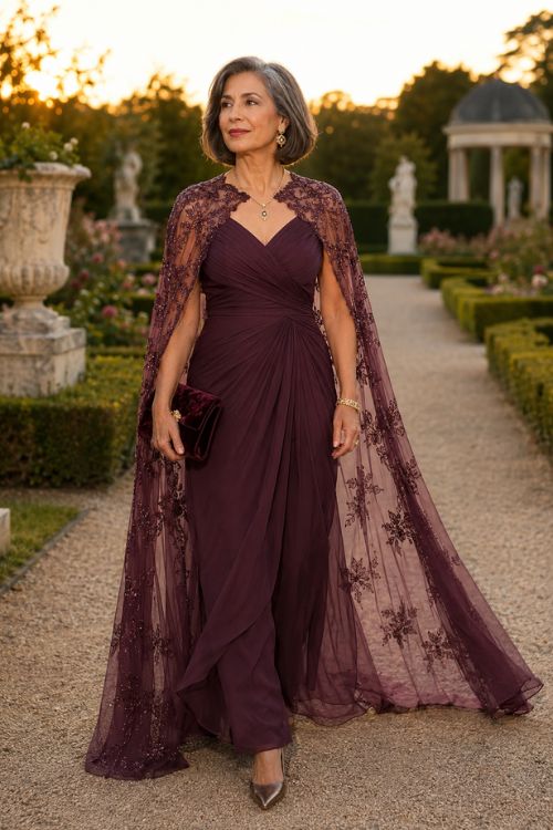 a woman wearing a rich plum chiffon gown with a softly gathered bodice and a sheer embroidered overlay extending from the shoulders into a light floor-length cape