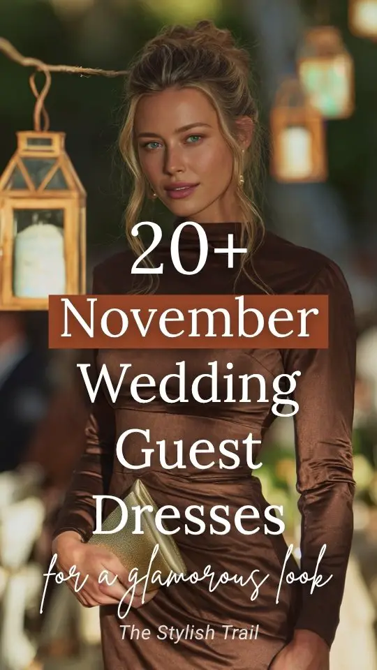 a woman wears a brown fall wedding guest dress with long sleeves for November wedding