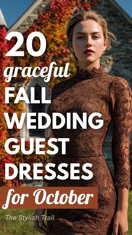 a woman wears a brown lace fall wedding guest dress for October wedding