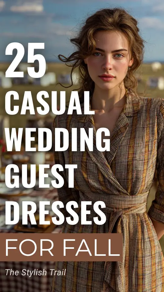 a woman wears a casual fall wrap wedding guest dress