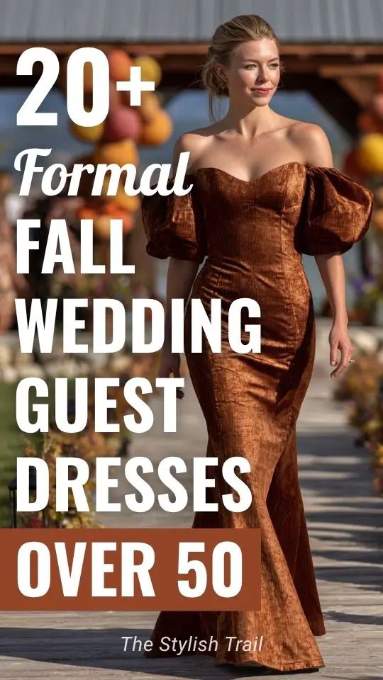 a woman wears a copper velvet gown with puff sleeves and mermaid silhouette for fall wedding