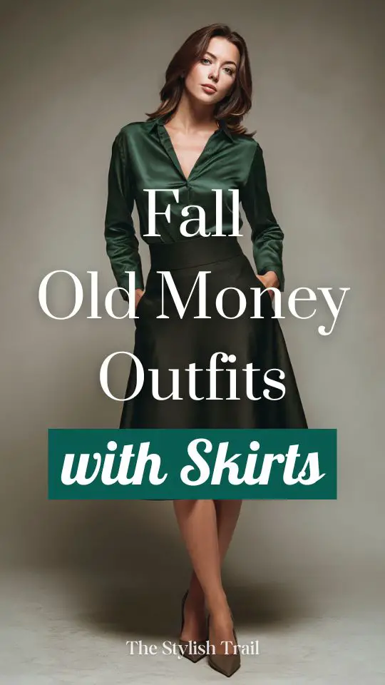 a woman wears a fal old money outfit with green blouse and black skirt