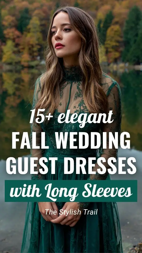 a woman wears a green fall wedding guest dress with sheer long sleeves