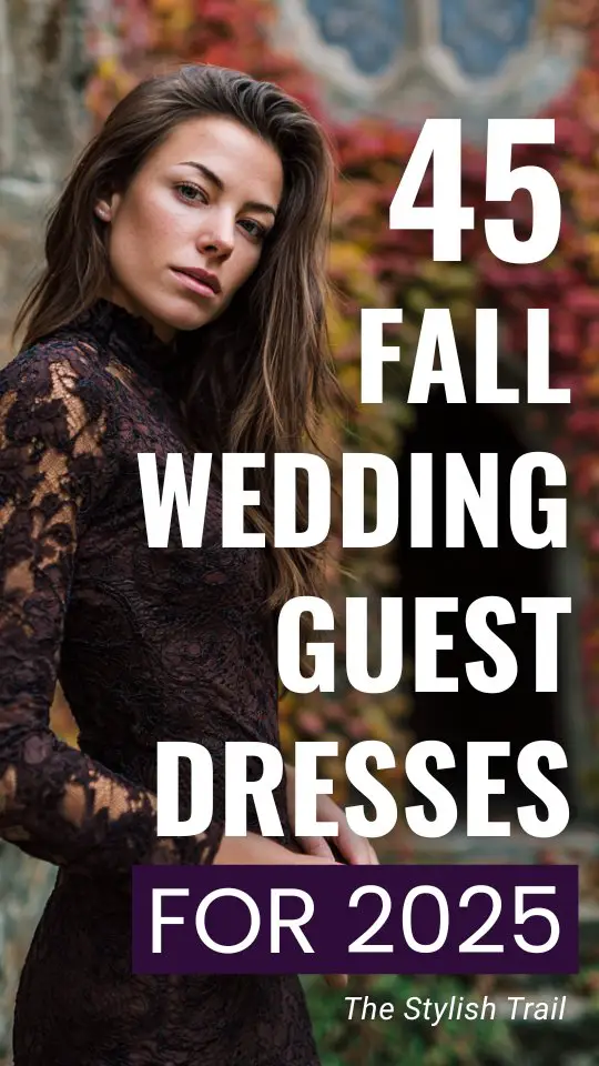 a woman wears a lace dark purple wedding guest dress with sheer long sleeves