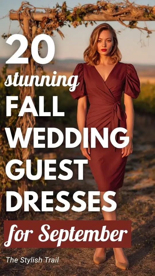 a woman wears a red puff sleeve wrap fall wedding guest dress for september wedding