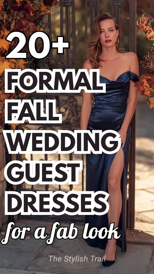 a woman wears an off shoulder navy wedding guest dress for formal fall wedding