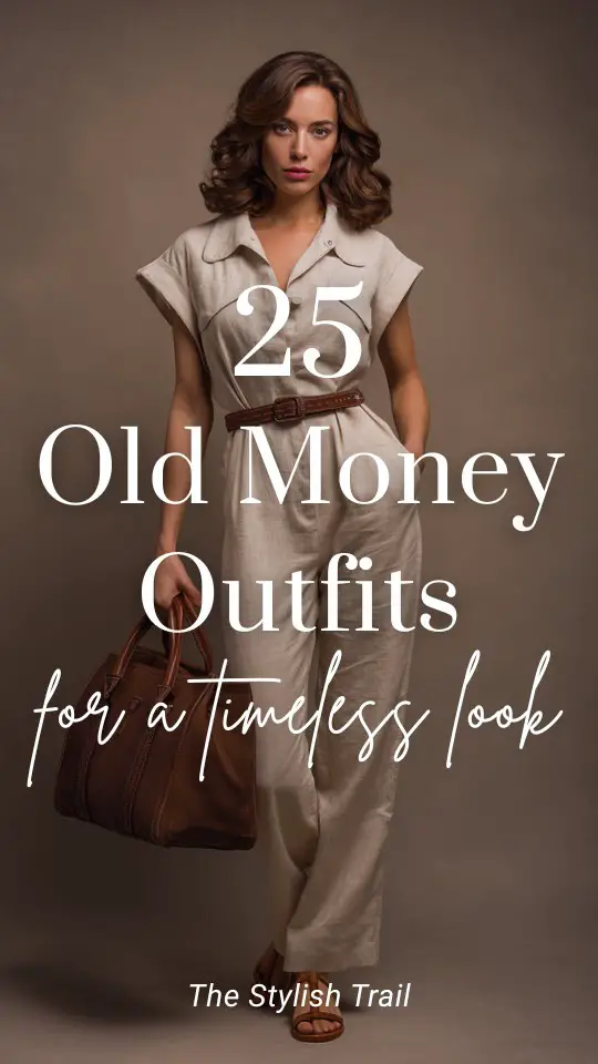 a woman wears an old money beige jumpsuit carring a handbag