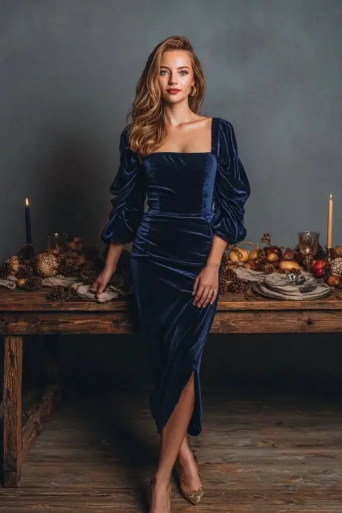tylish woman in a navy velvet dress with long bell sleeves, a square neckline, and midi hem, standing near a vintage wedding table decorated with fall candles and pinecones