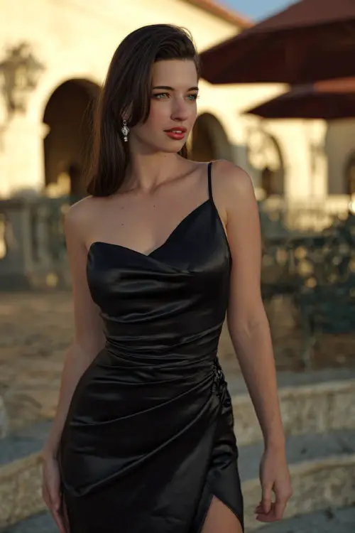 A woman in a black satin cocktail dress with an asymmetrical neckline and slit, accessorized with diamond earrings 