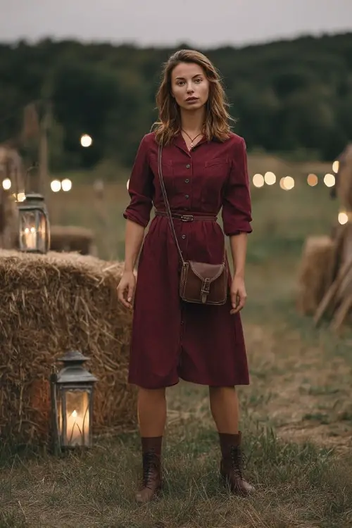 A woman in a burgundy casual midi dress with button details, styled with ankle boots and a crossbody bag, standing in a meadow wedding setting with haystacks and lanterns 