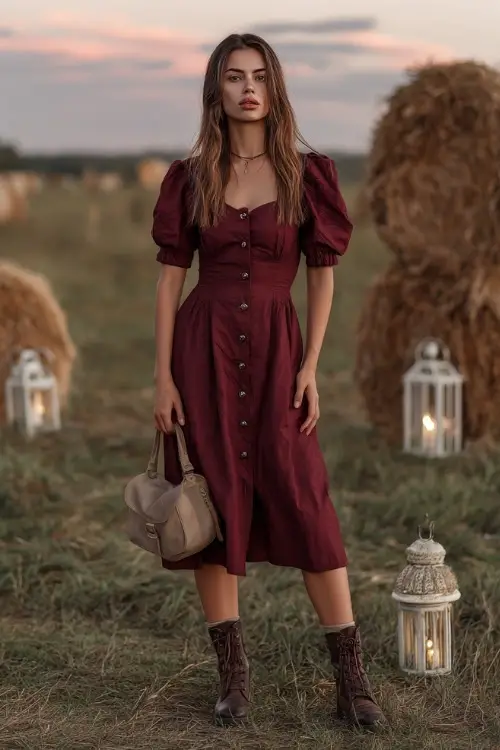 A woman in a burgundy casual midi dress with button details, styled with ankle boots and a crossbody bag, standing in a meadow wedding setting with haystacks and lanterns