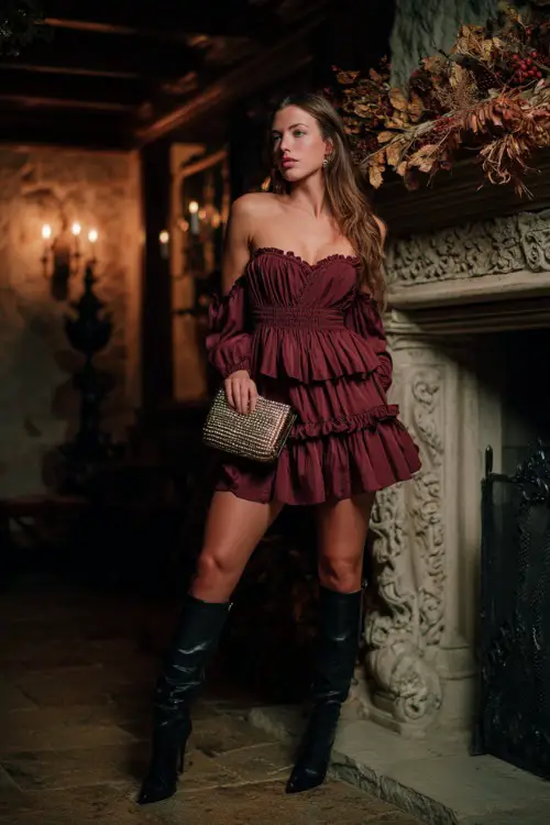 A woman in a burgundy chiffon dress with tiered layers, paired with black heeled knee-high boots and a metallic clutch, posing near an ornate fireplace with fall garlands 