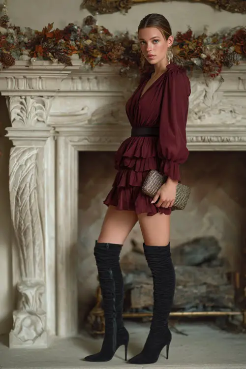 A woman in a burgundy chiffon dress with tiered layers, paired with black heeled knee-high boots and a metallic clutch, posing near an ornate fireplace with fall garlands 