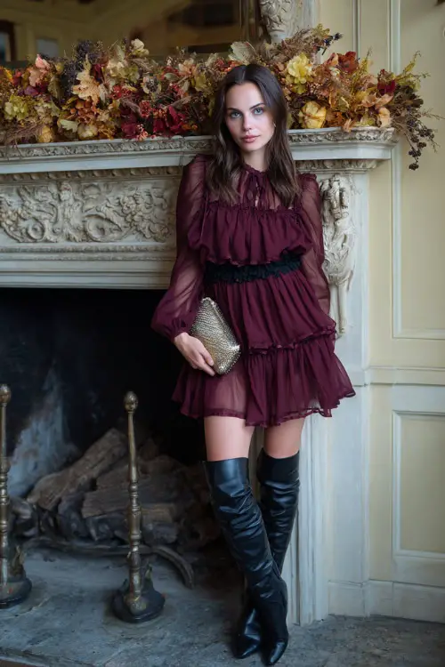 A woman in a burgundy chiffon dress with tiered layers, paired with black heeled knee-high boots and a metallic clutch, posing near an ornate fireplace with fall garlands