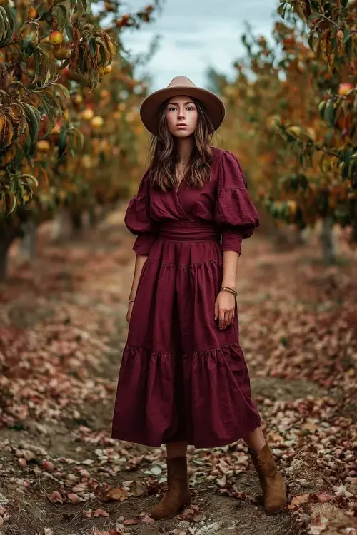 A woman in a burgundy cotton midi dress with tiered skirt, paired with brown ankle boots and a felt hat, standing in an orchard filled with autumn leaves 
