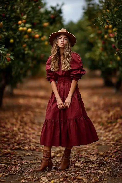 A woman in a burgundy cotton midi dress with tiered skirt, paired with brown ankle boots and a felt hat, standing in an orchard filled with autumn leaves