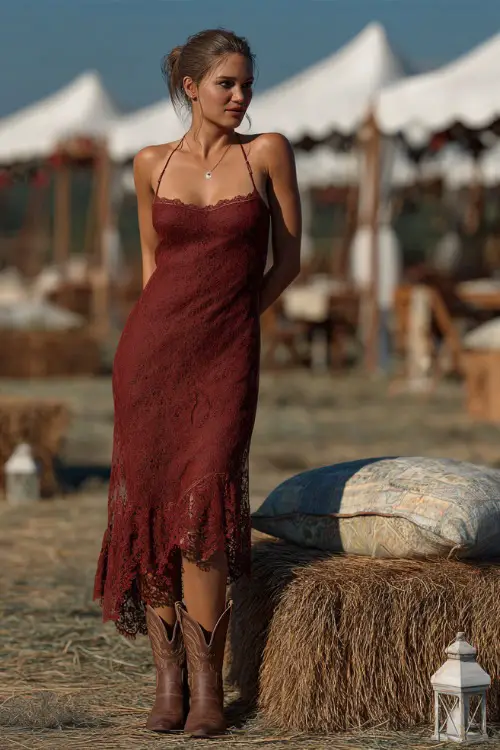 A woman in a burgundy lace maxi dress with scalloped hem, paired with brown cowboy boots, standing in a meadow wedding setting with hay bales and lanterns