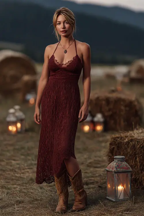 A woman in a burgundy lace maxi dress with scalloped hem, paired with brown cowboy boots, standing in a meadow wedding setting with hay bales and lanterns