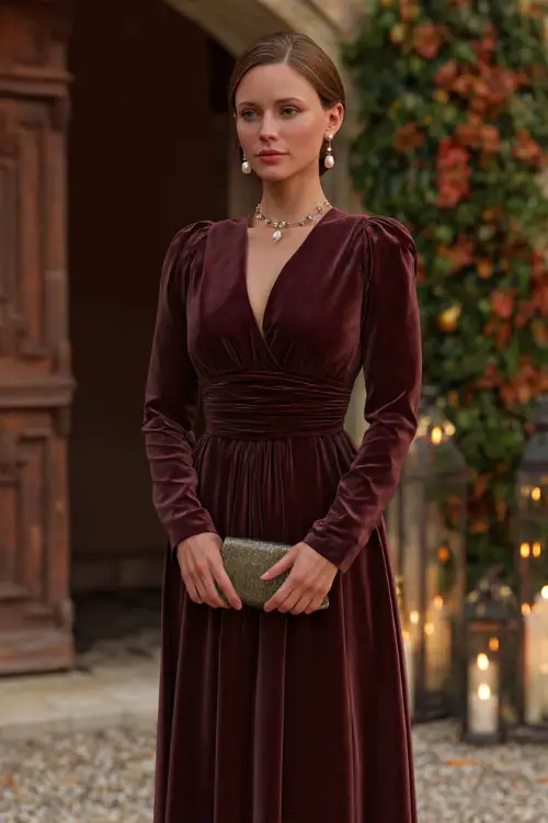 A woman in a burgundy velvet A-line gown with long sleeves and a defined waist, accessorized with pearl drop earrings and a clutch, posing in a candlelit estate with fall garlands