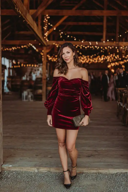 A woman in a burgundy velvet cocktail dress with puff sleeves, accessorized with black heels and a small clutch