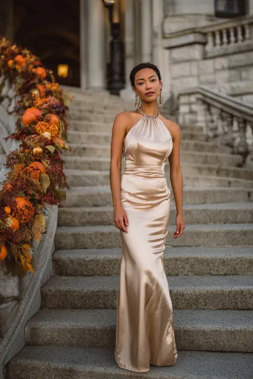 A woman in a champagne satin gown with a high neckline and a small train, accessorized with crystal earrings, standing near a grand staircase with fall garlands
