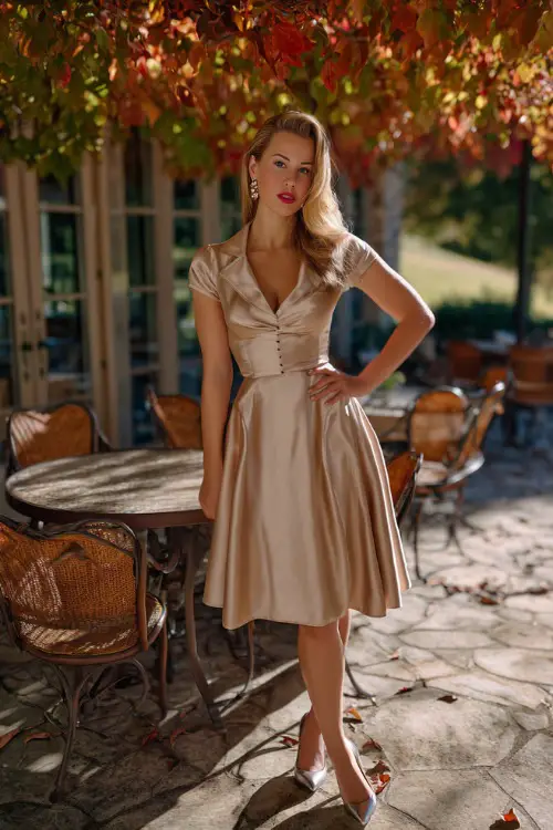 A woman in a champagne satin knee-length dress with cap sleeves, accessorized with pearl earrings and metallic heels, posing on the outdoor patio of a country club surrounded by October leaves