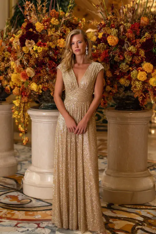 A woman in a champagne sequin gown with cap sleeves and a flowing skirt, accessorized with crystal earrings, standing in a ballroom decorated with golden fall florals