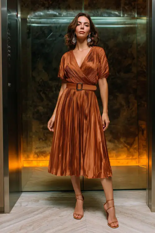 A woman in a copper pleated cocktail dress with a belted waist, accessorized with strappy heels and crystal earrings 