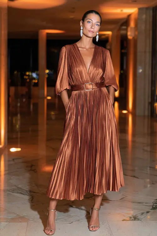 A woman in a copper pleated cocktail dress with a belted waist, accessorized with strappy heels and crystal earrings